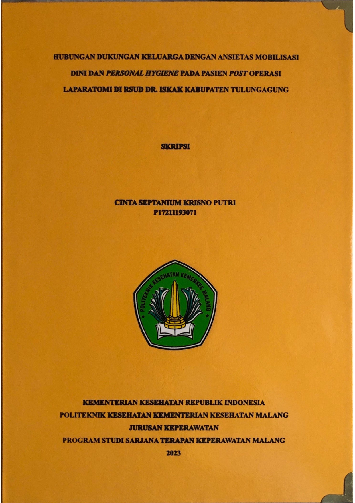 HUBUNGAN DUKUNGAN KELUARGA DENGAN ANSIETAS MOBILISASI DINI DAN PERSONAL HYGIENE PADA PASIEN POST OPERASI LAPARATOMI DI RSUD DR. ISKAK KABUPATEN TULUNGAGUNG