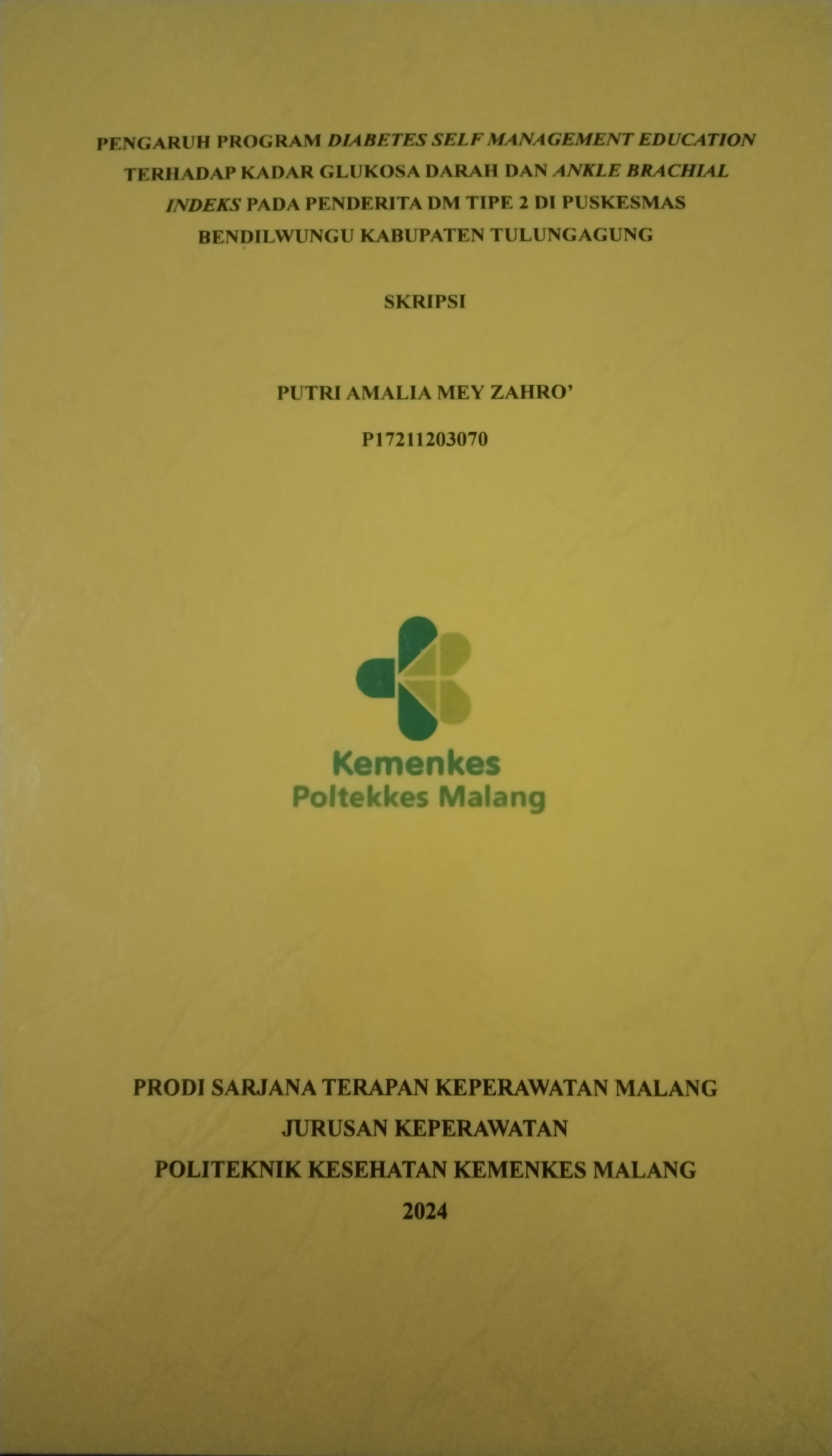 PENGARUH PROGRAM DIABETES SELF MANAGEMENT EDUCATION  TERHADAP KADAR GLUKOSA DARAH DAN ANKLE BRACHIAL  INDEKS PADA PENDERITA DM TIPE 2 DI PUSKESMAS  BENDILWUNGU KABUPATEN TULUNGAGUNG 