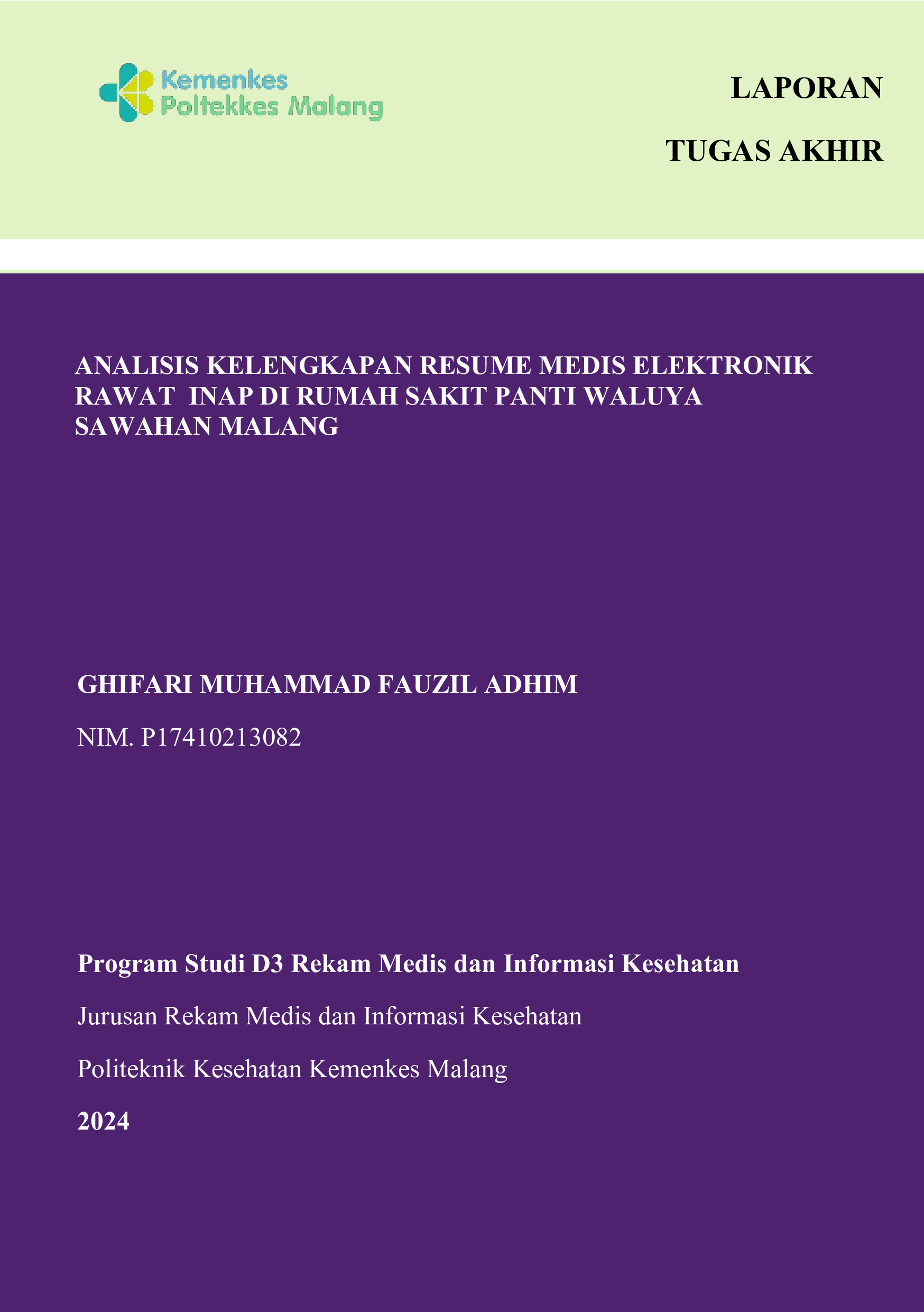 ANALISIS KELENGKAPAN RESUME MEDIS  ELEKTRONIK RAWAT INAP DI RUMAH  SAKIT PANTI WALUYA SAWAHAN MALANG